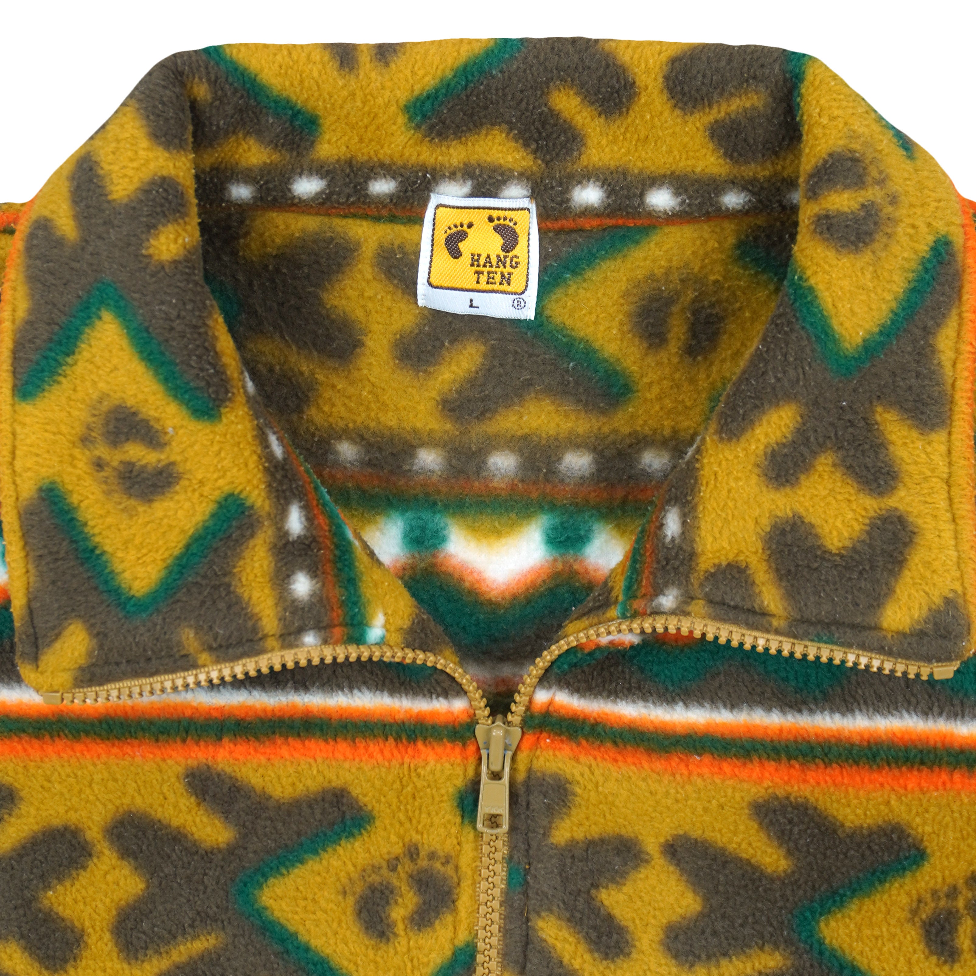 1990s Hang Ten quarter-zip fleece pullover with mustard, green, orange and white tribal pattern