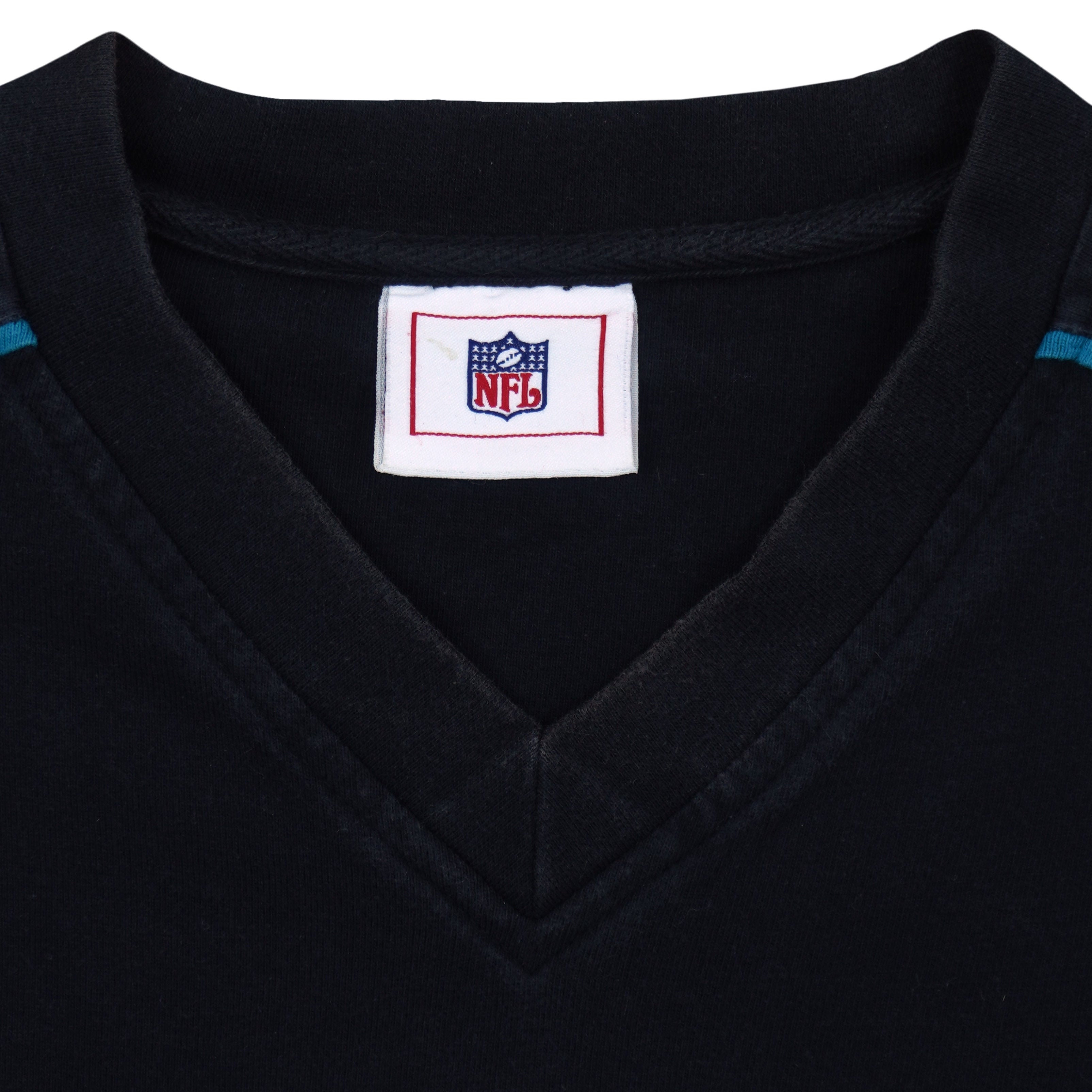 NFL label inside the black V-neck collar