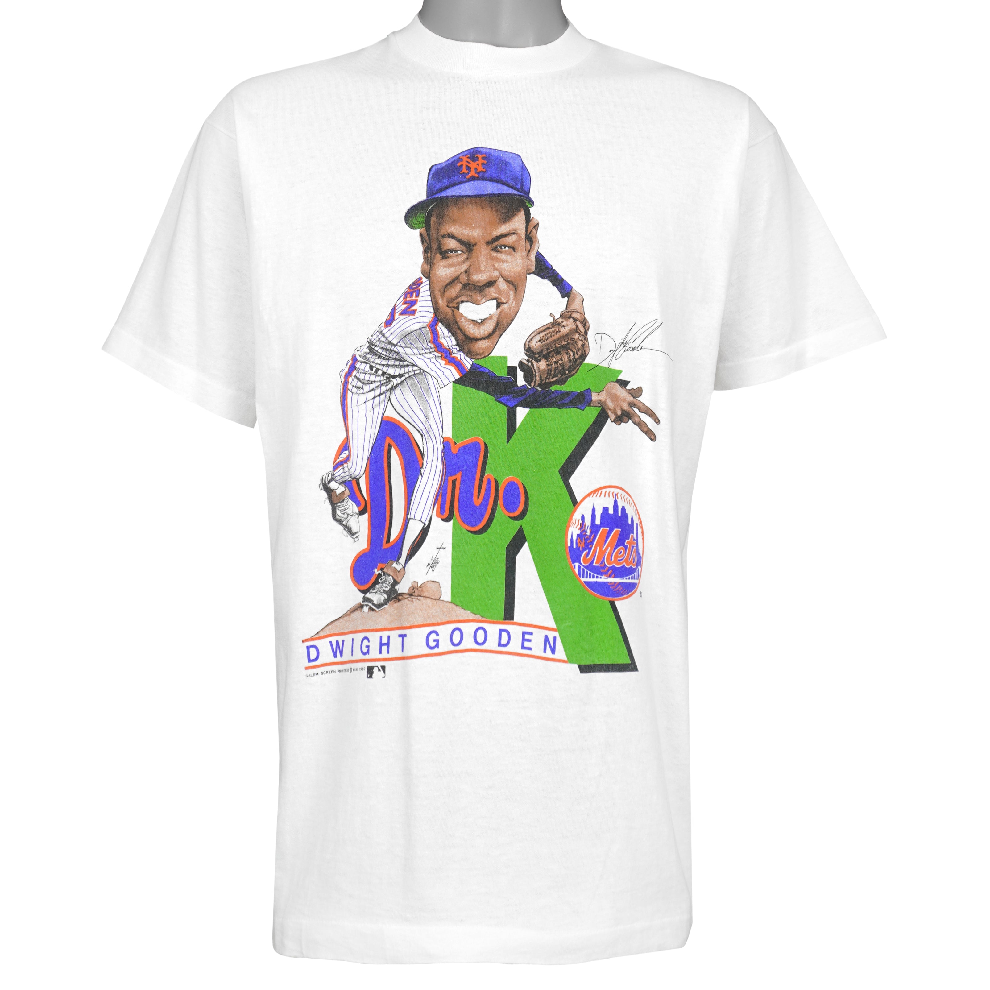 White Mets T-shirt with Dwight Gooden Dr K caricature graphic