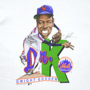 Close view of the printed Dwight Gooden caricature and Mets logo