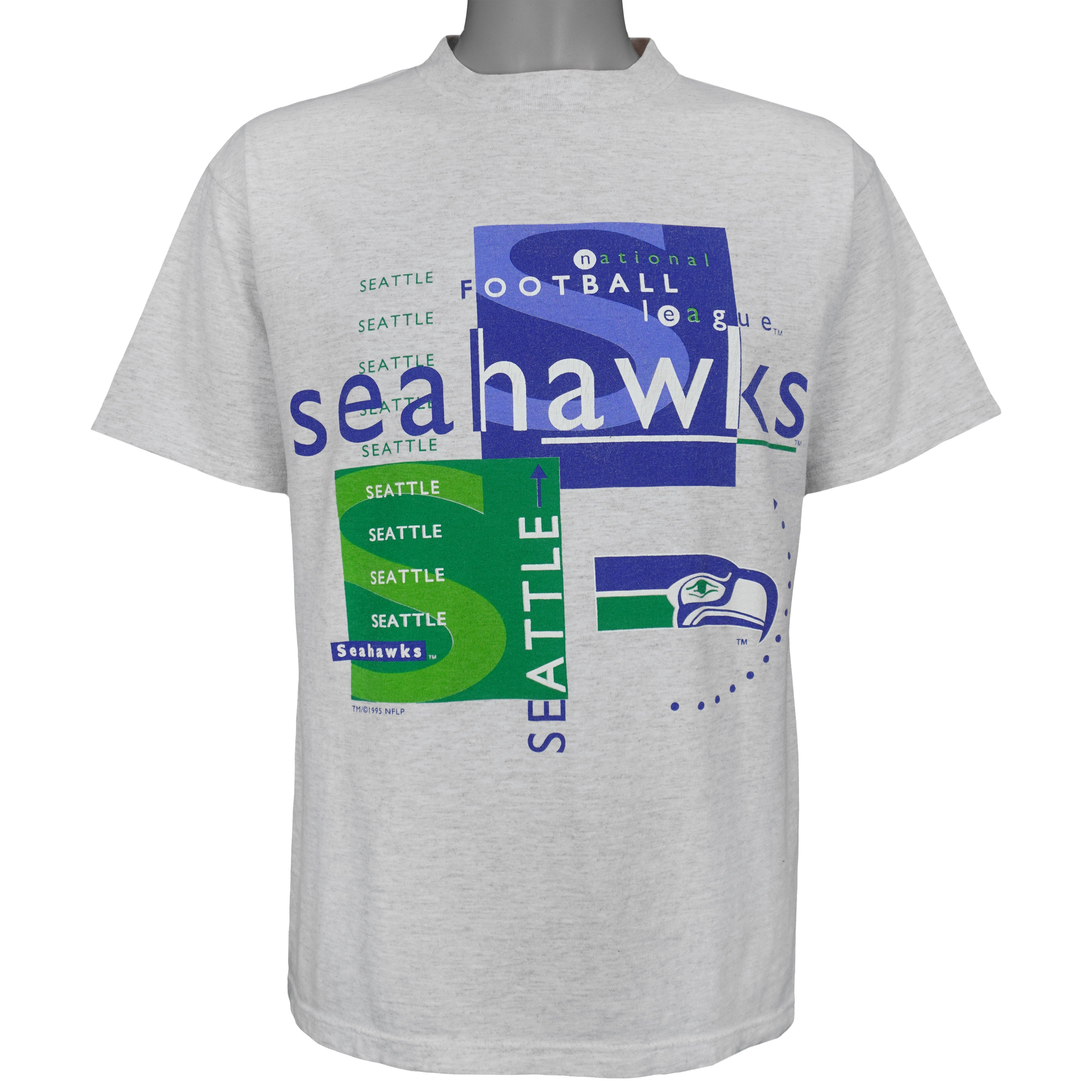 Gray Seahawks T-shirt with large green and blue front lettering
