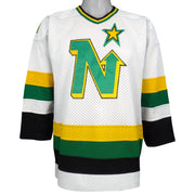 Vintage NHL - Minnesota North Stars Hockey Jersey T-Shirt 1990s Large in black and white and green