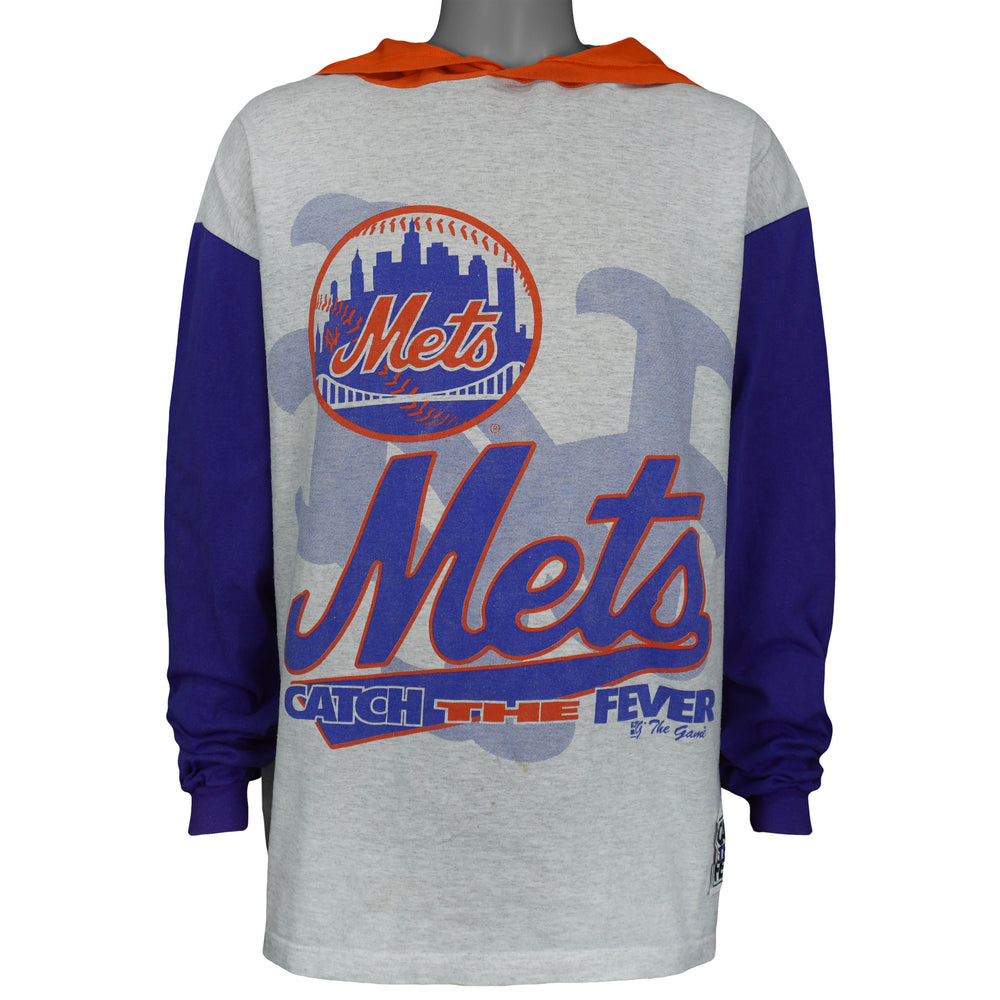 Gray Mets Catch the Fever hooded shirt with blue sleeves