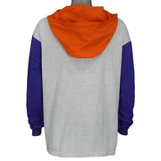 Back of the gray shirt with blue sleeves and orange hood
