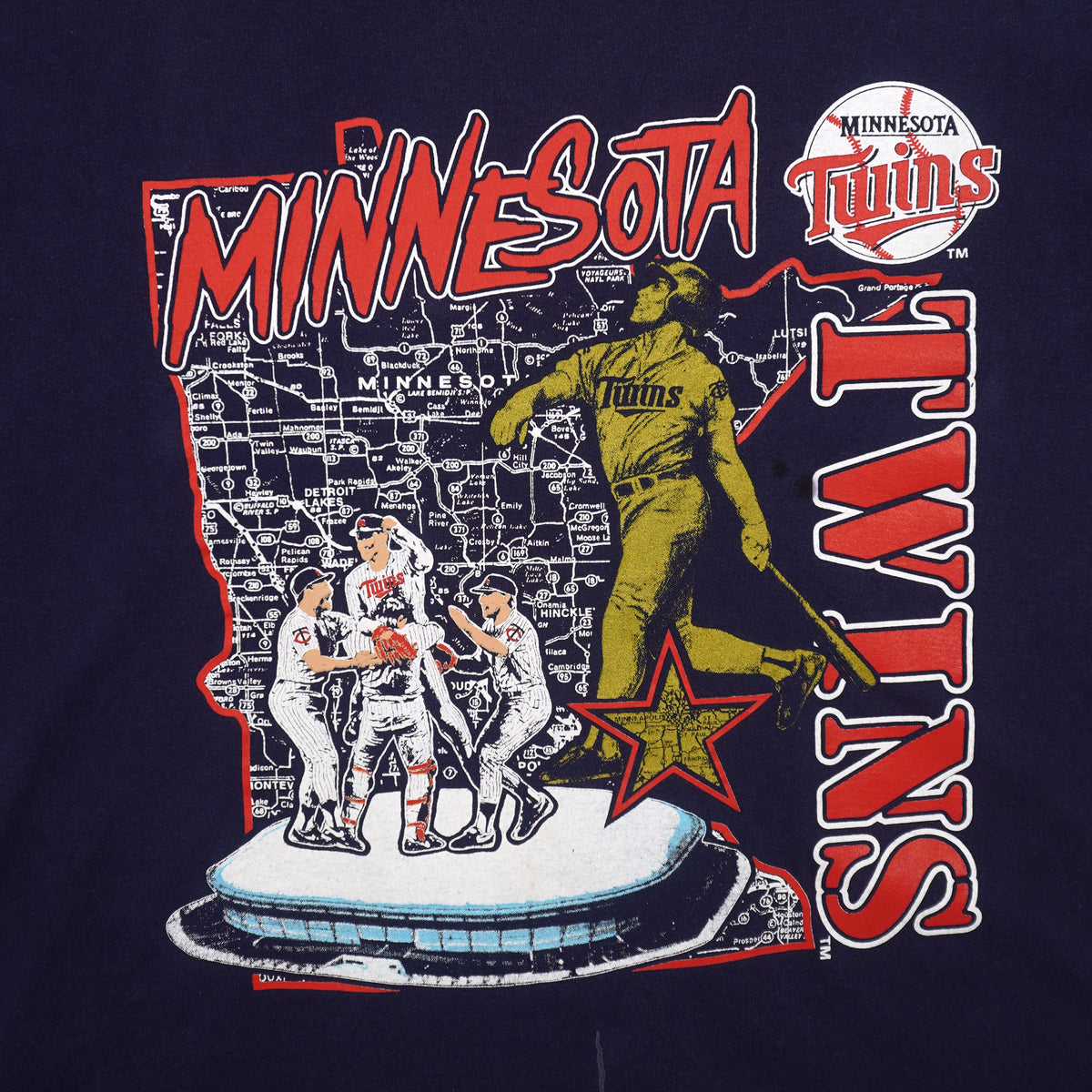 Navy 1990s Nutmeg Minnesota Twins state-map graphic T-shirt