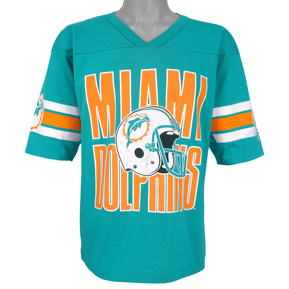 Teal-green Miami Dolphins fan jersey with helmet graphic and V-neck