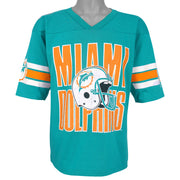 Teal-green Miami Dolphins fan jersey with helmet graphic and V-neck