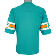 Plain back and striped sleeves of the Dolphins fan jersey
