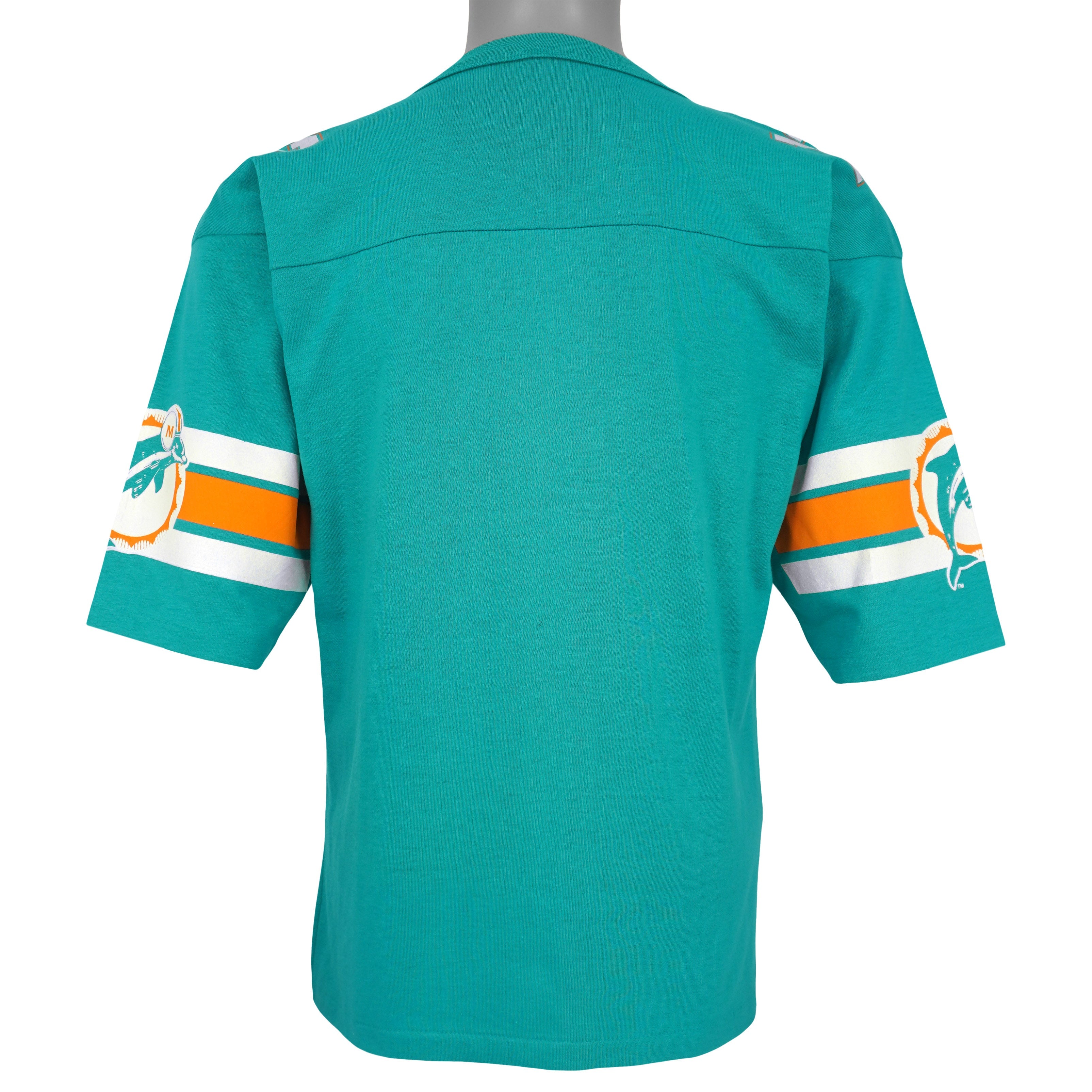 Plain back and striped sleeves of the Dolphins fan jersey
