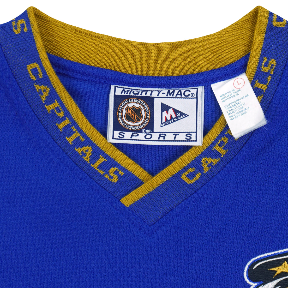 Vintage NHL (Mighty-Mac) - Washington Capitals Hockey Jersey 1990s Large in white and blue and gold