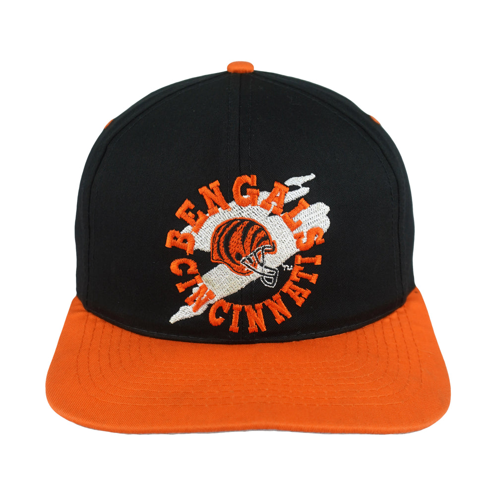 Black Bengals hat with orange brim and embroidered helmet graphic