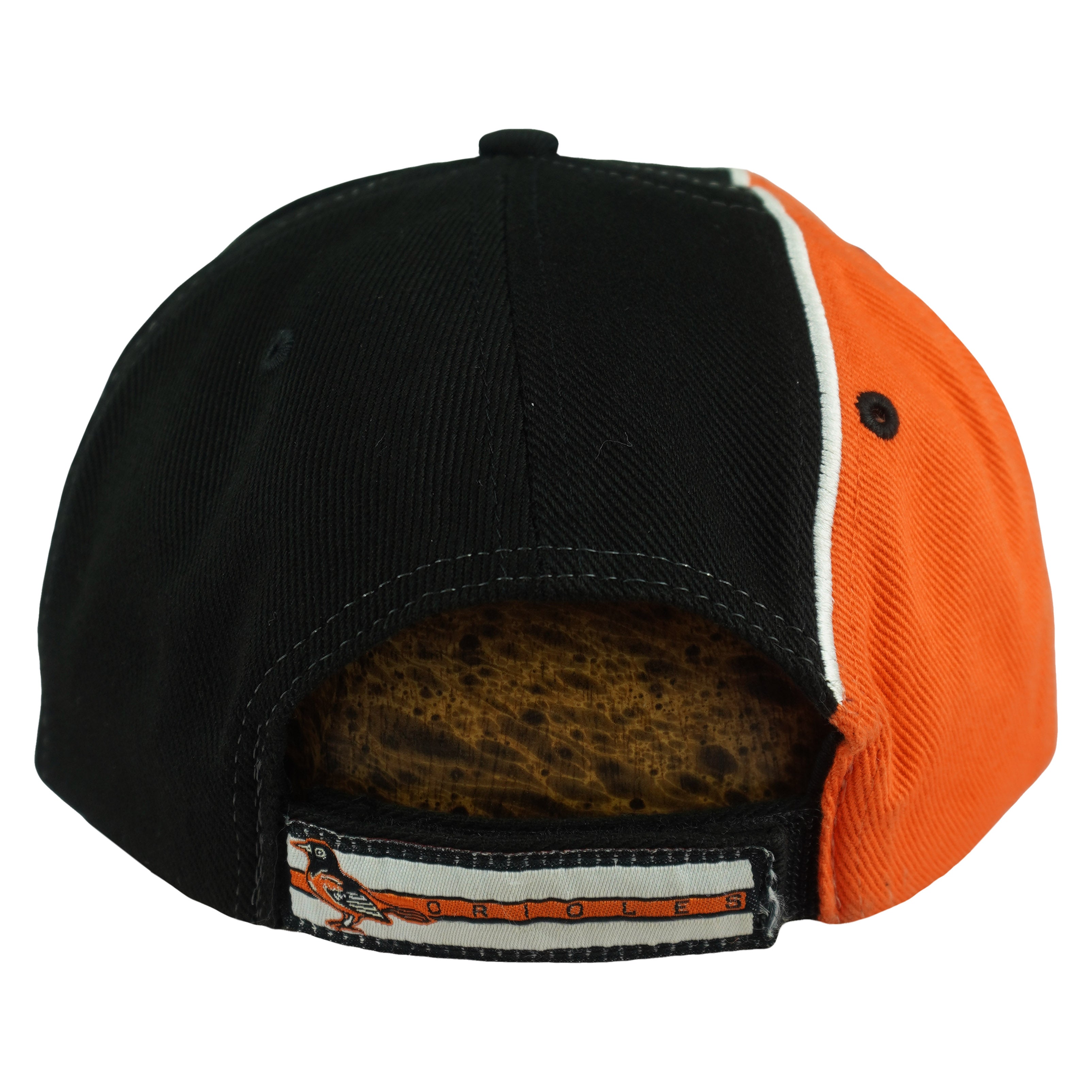 Rear panels and embroidered adjustable strap on the Orioles hat