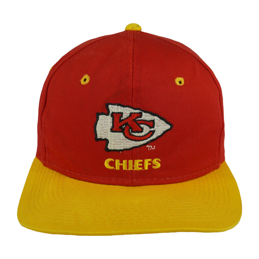 Red Kansas City Chiefs hat with yellow brim and embroidered arrowhead