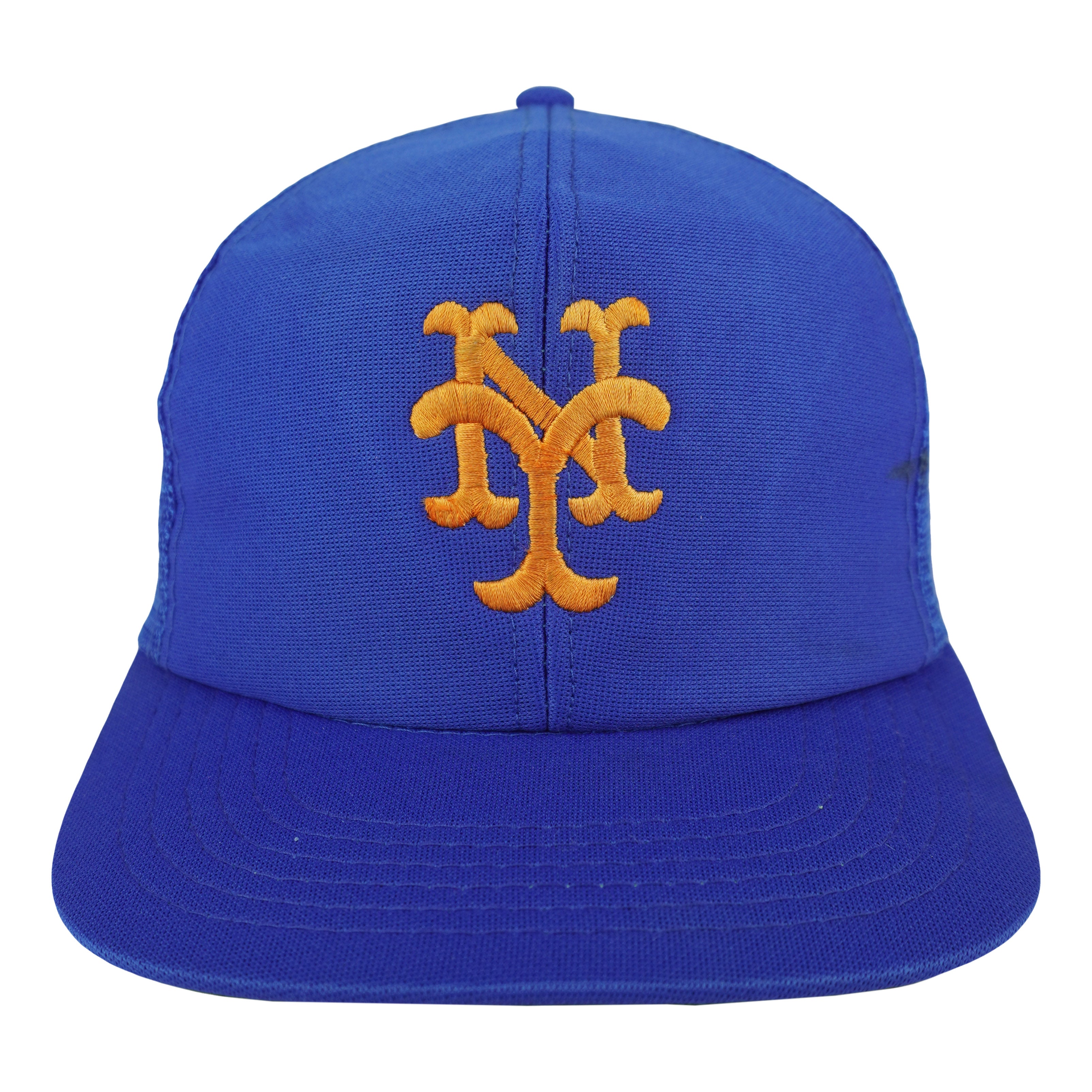 Blue New York Mets snapback hat with orange embroidered NY logo