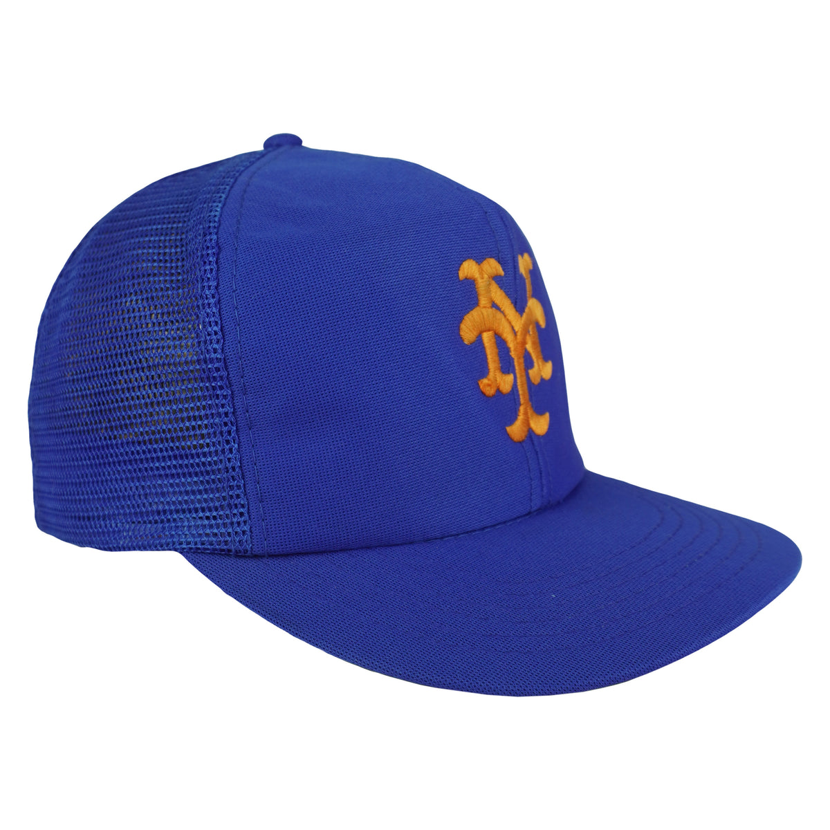 Angled view of the Mets hat and blue mesh panel