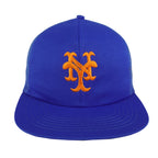 Blue New York Mets trucker hat with orange embroidered NY logo