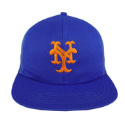Blue New York Mets trucker hat with orange embroidered NY logo