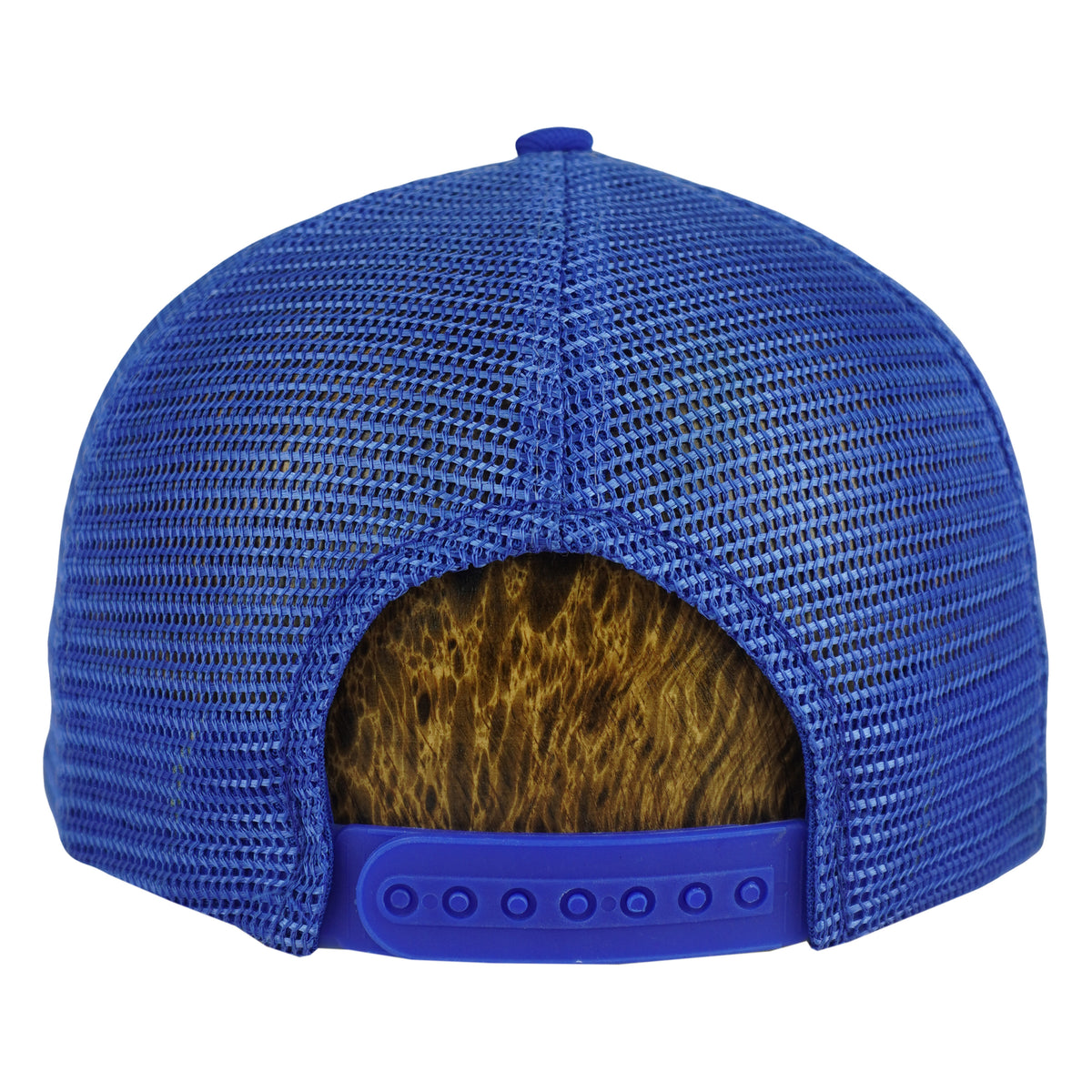 Blue mesh back and snap closure on the Mets hat
