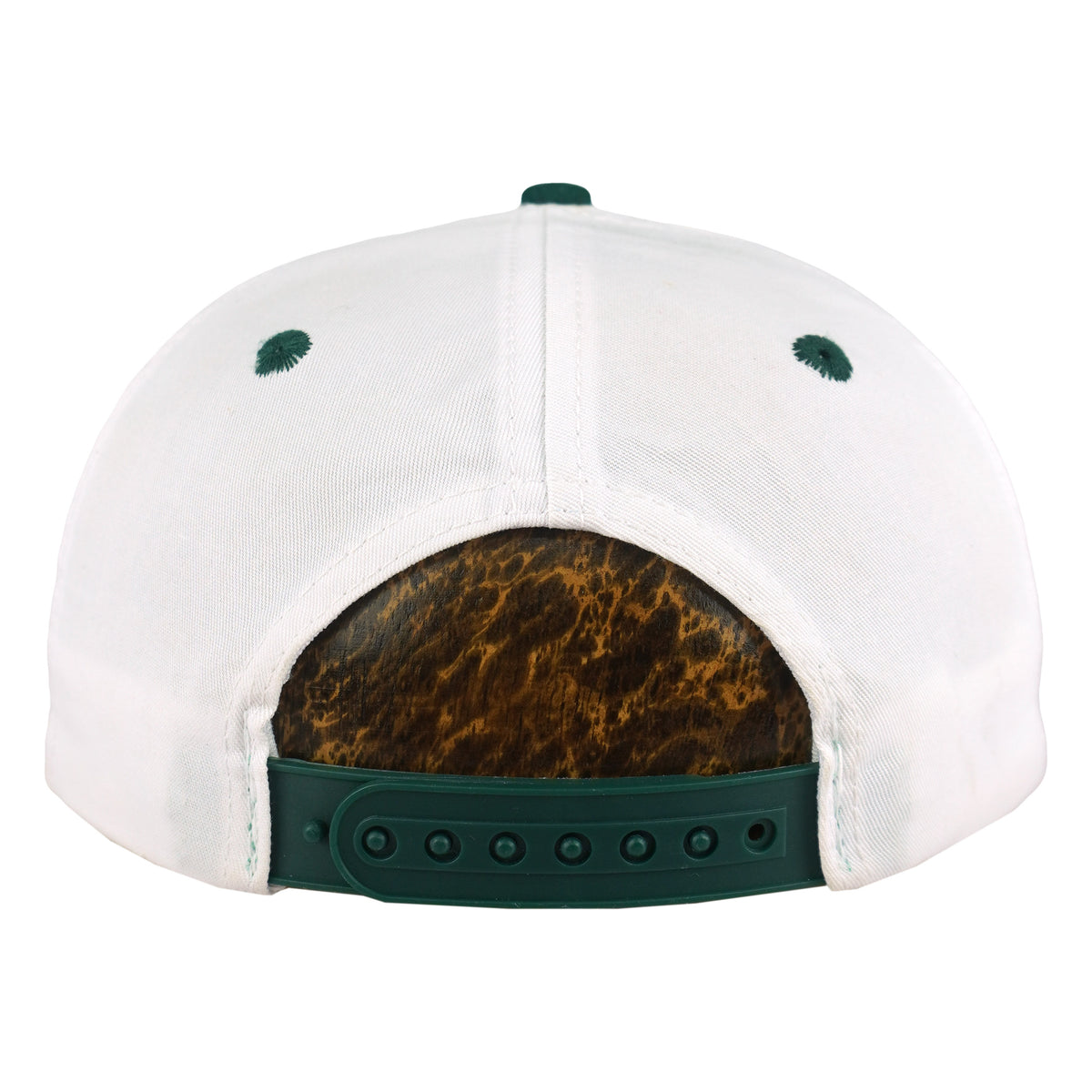 Rear white panels and green snap closure on the matchup hat