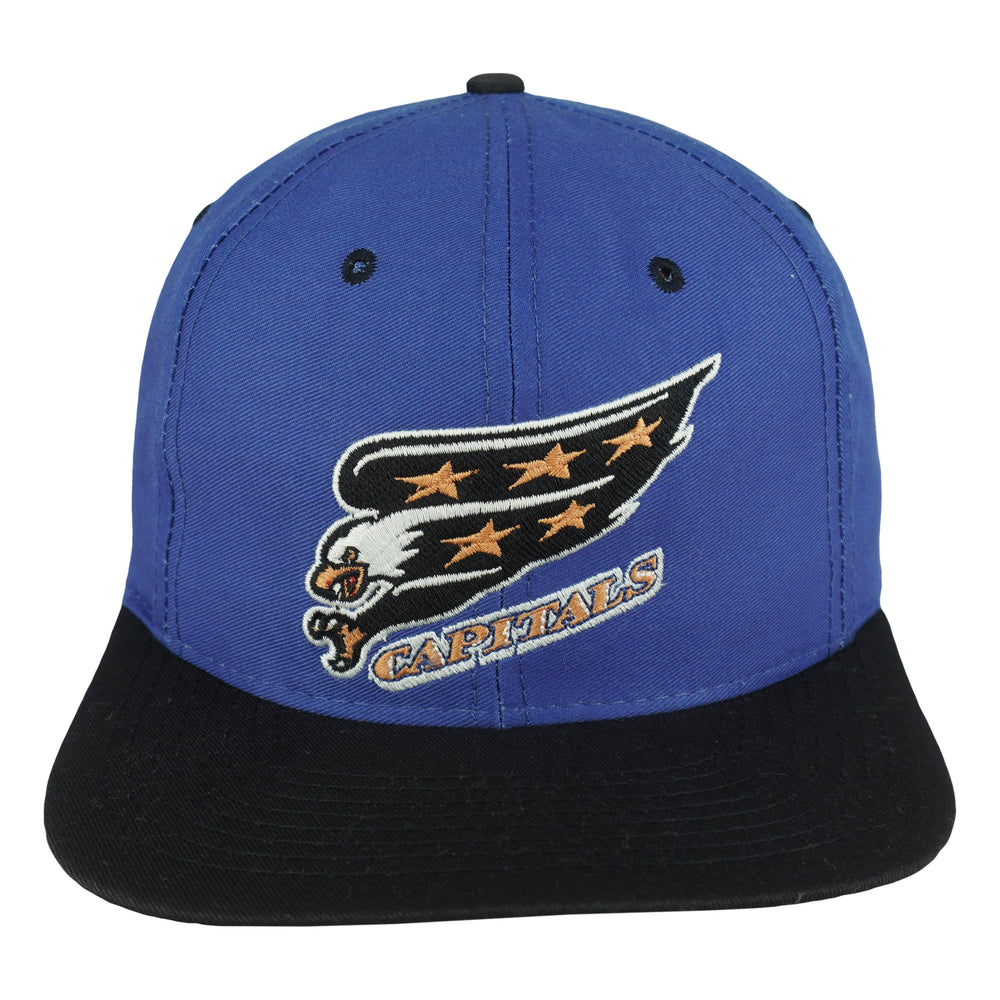 Front view of the blue, black, and white 1990s NHL Washington Capitals eagle-logo snapback by Logo 7