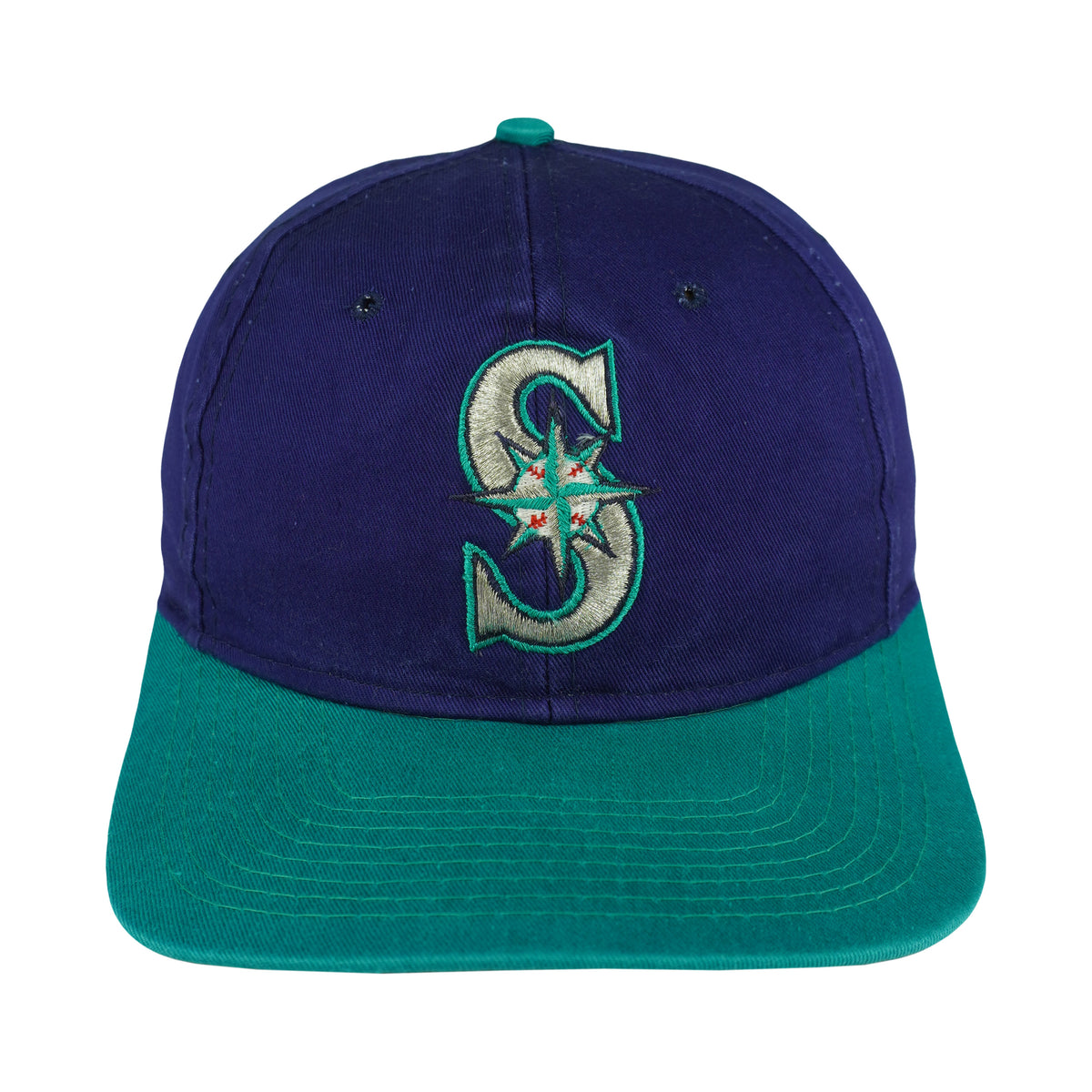 Seattle Mariners cap front with a blue crown, teal brim and embroidered compass-S logo
