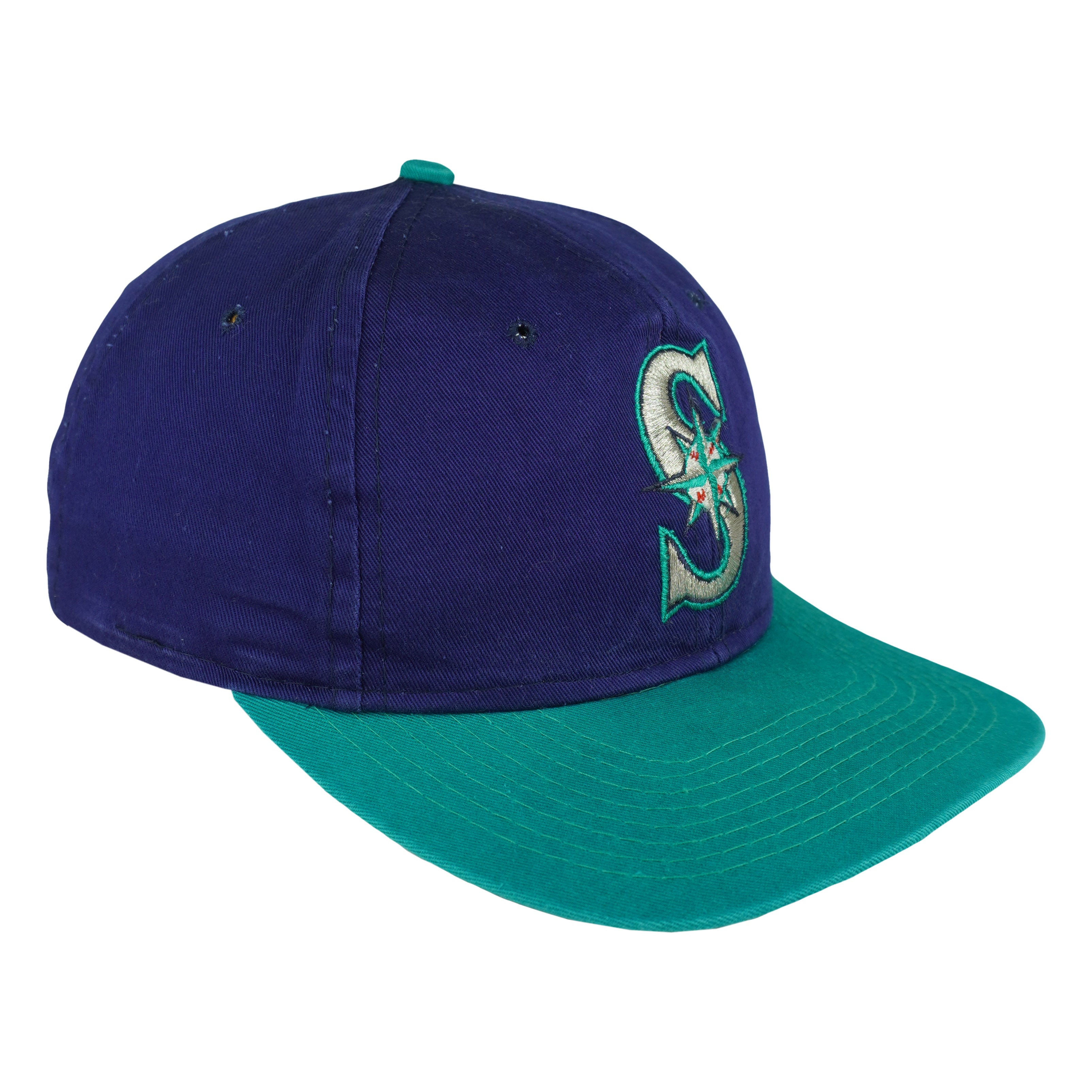 Angled Mariners cap showing blue crown panels, teal brim and compass-S embroidery