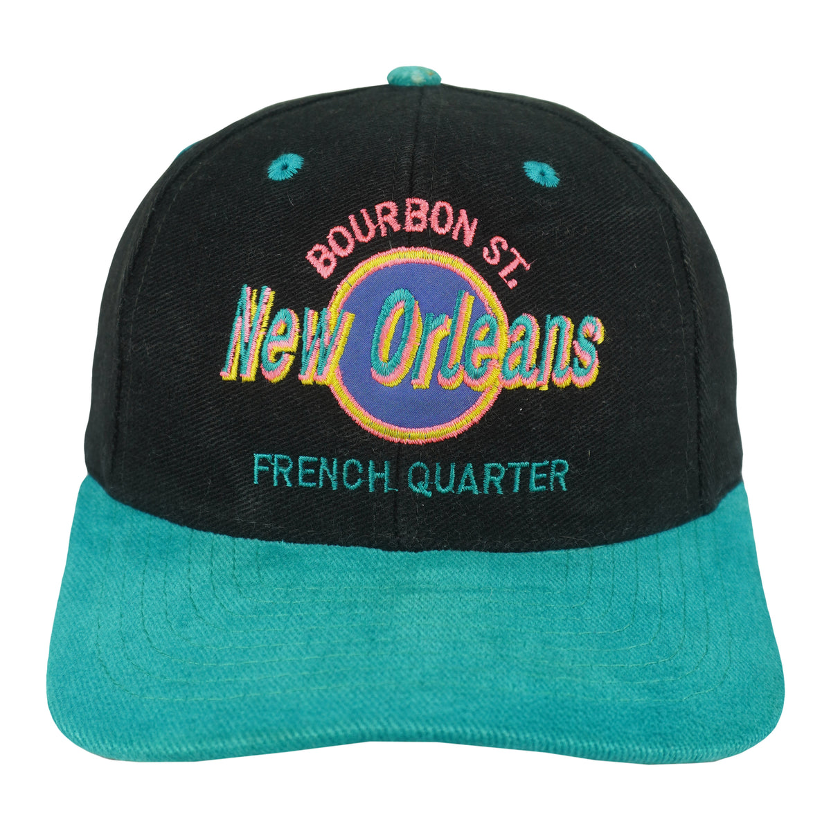 Straight-on front view of the black and teal 1990s New Orleans Bourbon Street snapback cap