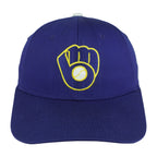 Purple Milwaukee Brewers snapback front with embroidered yellow glove-and-ball logo