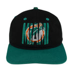Front view of the black and teal NFL Miami Dolphins snapback cap with segmented embroidered logo
