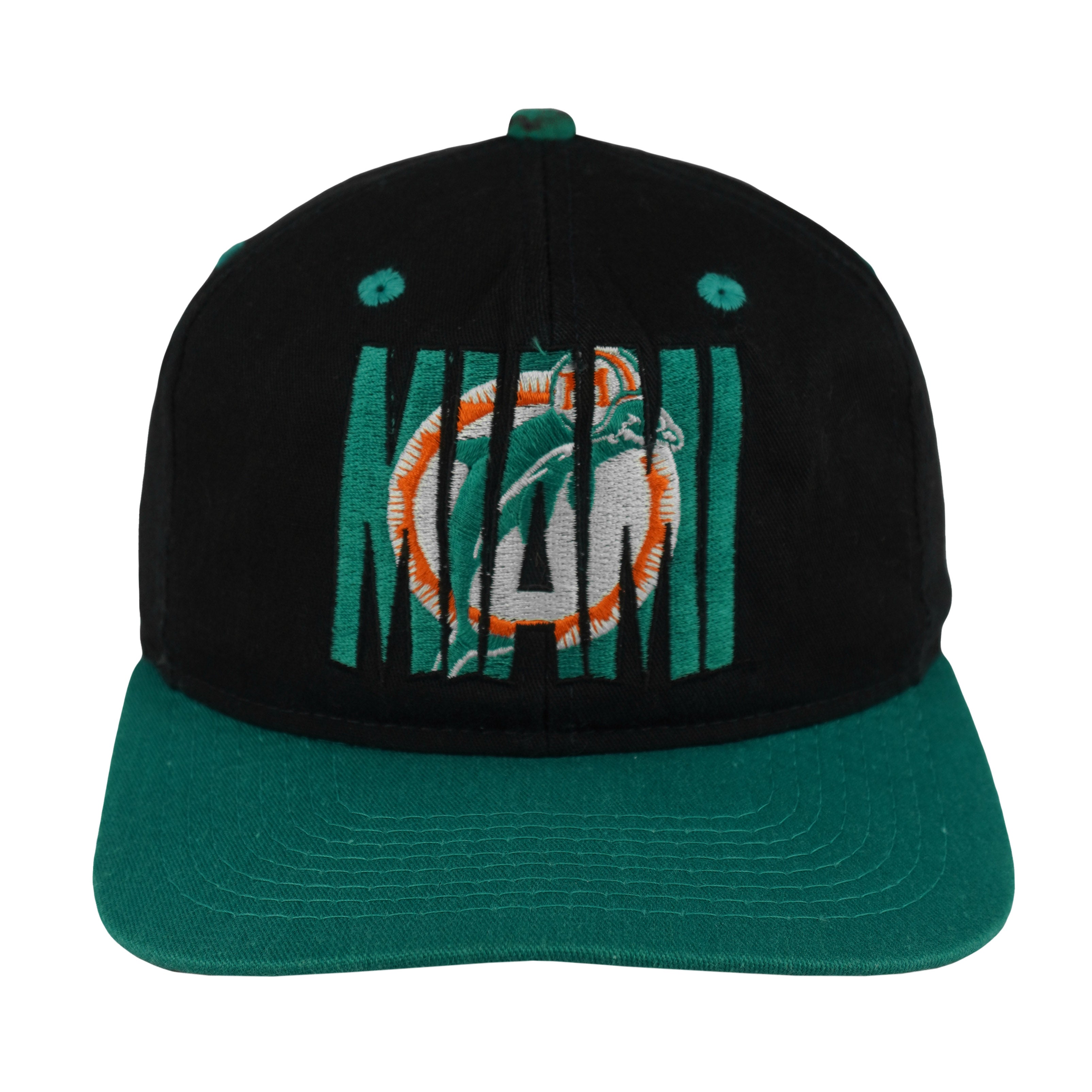 Front view of the black and teal NFL Miami Dolphins snapback cap with segmented embroidered logo