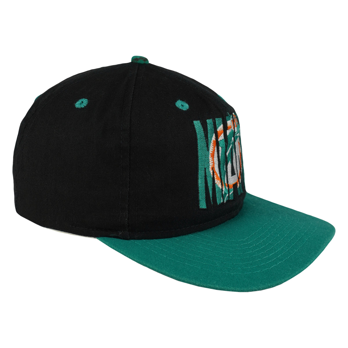 Angled Dolphins cap showing a black crown, teal brim and segmented front embroidery