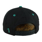 Rear of the black Dolphins cap with teal number-one embroidery and snap closure