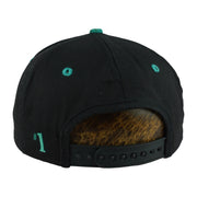 Rear of the black Dolphins cap with teal number-one embroidery and snap closure