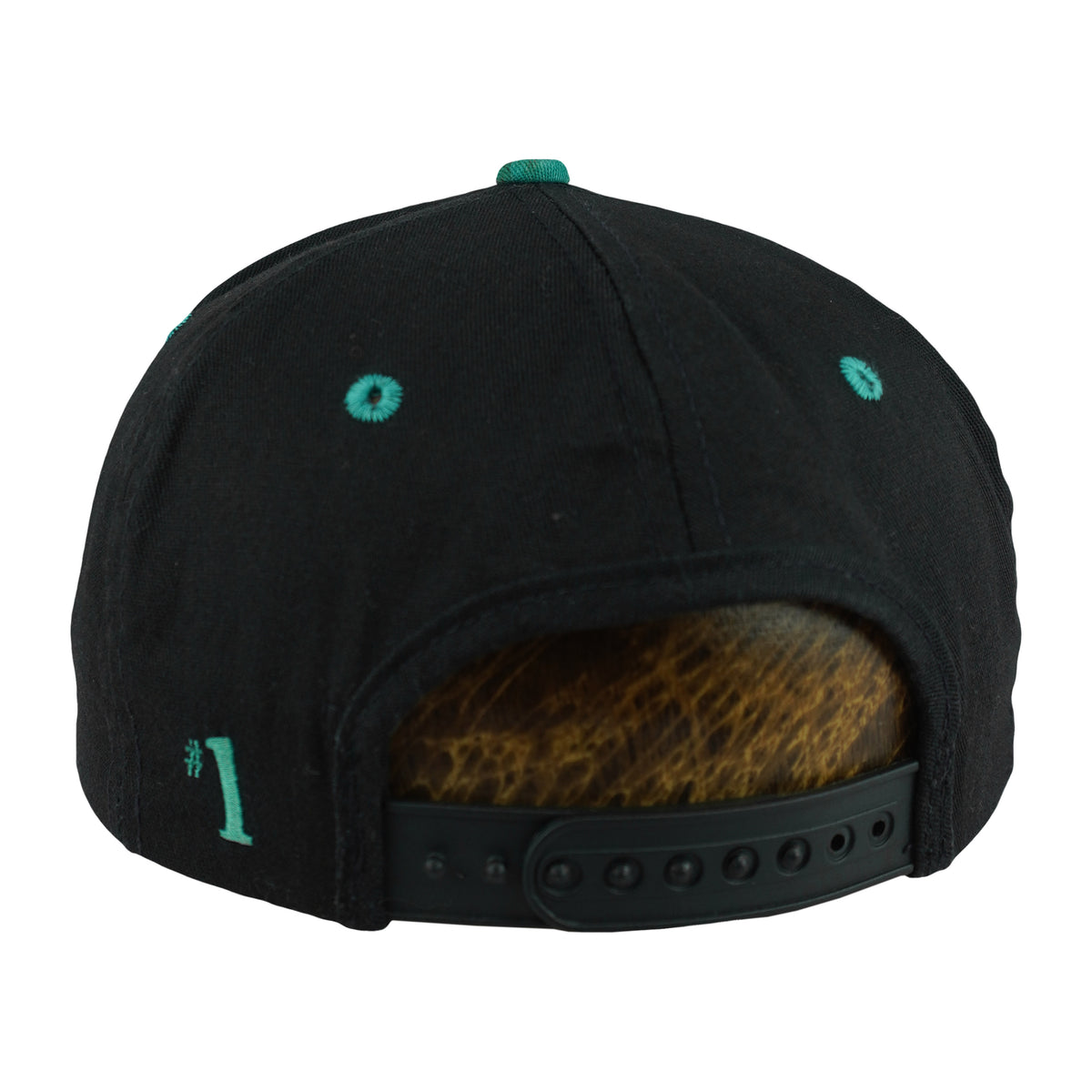 Rear of the black Dolphins cap with teal number-one embroidery and snap closure