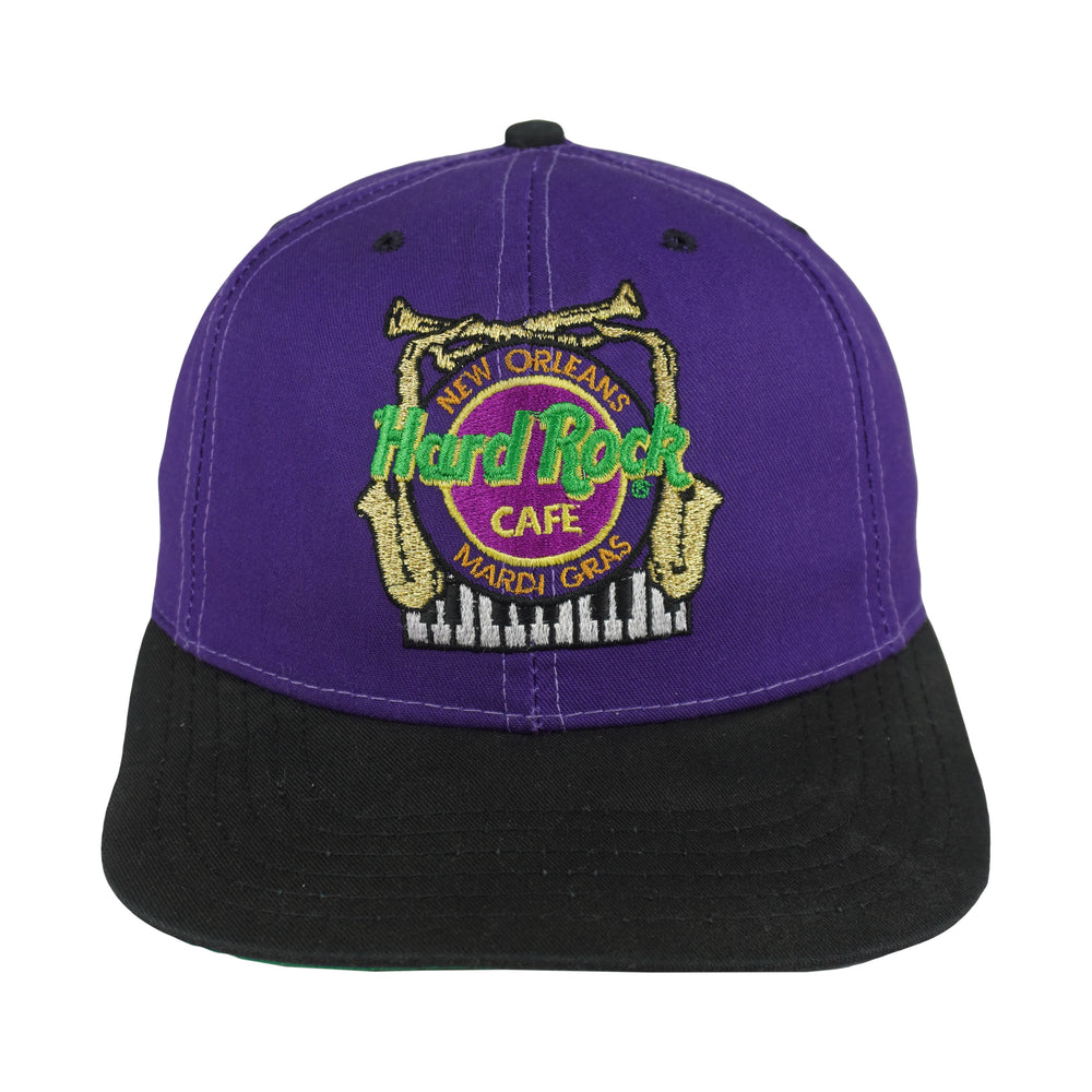 Front view of the purple, black, and green 1990s Hard Rock New Orleans Mardi Gras snapback cap