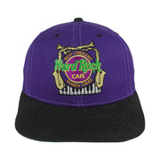 Front view of the purple, black, and green 1990s Hard Rock New Orleans Mardi Gras snapback cap