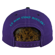 Rear slogan and snap view of the purple, black, and green Hard Rock New Orleans Mardi Gras snapback cap