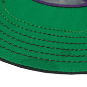 Underbrim stitching detail of the purple, black, and green Hard Rock New Orleans Mardi Gras snapback cap