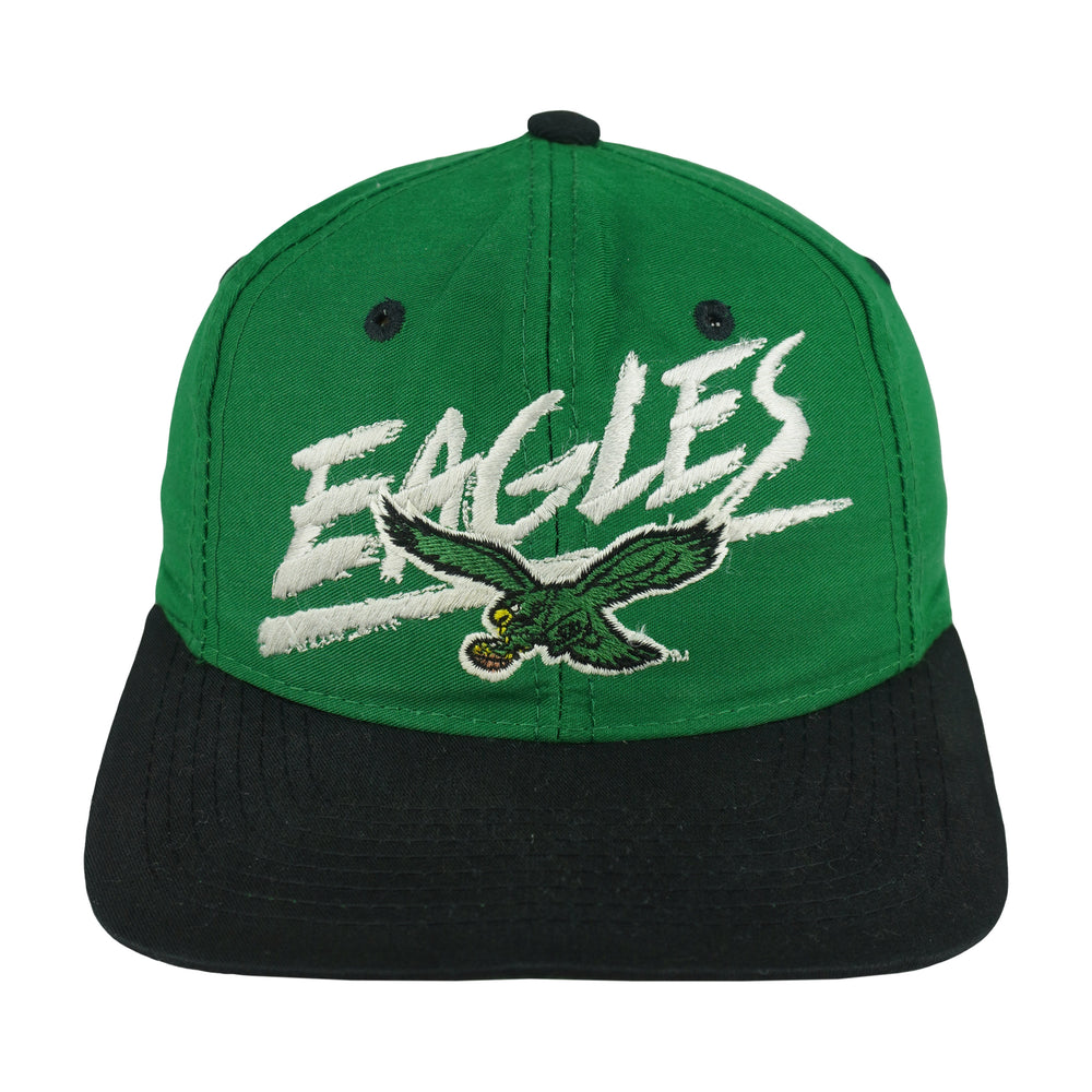 Front view of the green and black 1990s NFL Philadelphia Eagles wraparound-word snapback cap by Signature