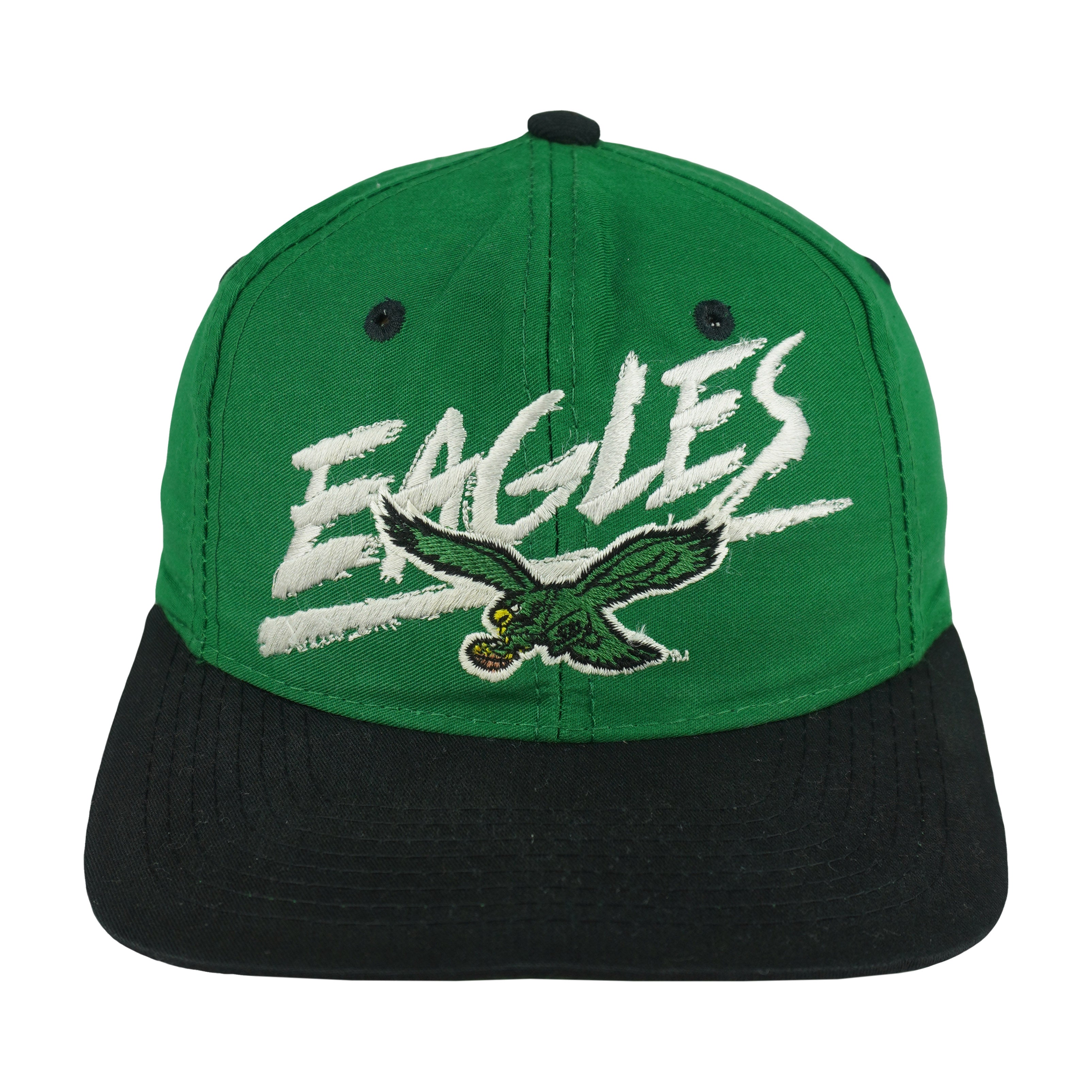 Front view of the green and black 1990s NFL Philadelphia Eagles wraparound-word snapback cap by Signature