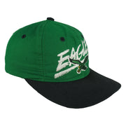 Front-right angle of the green and black Philadelphia Eagles wraparound-word snapback cap