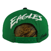 Rear EAGLES snap view of the green and black Philadelphia Eagles wraparound-word snapback cap