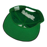 Interior and green underbrim view of the green and black Philadelphia Eagles wraparound-word snapback cap