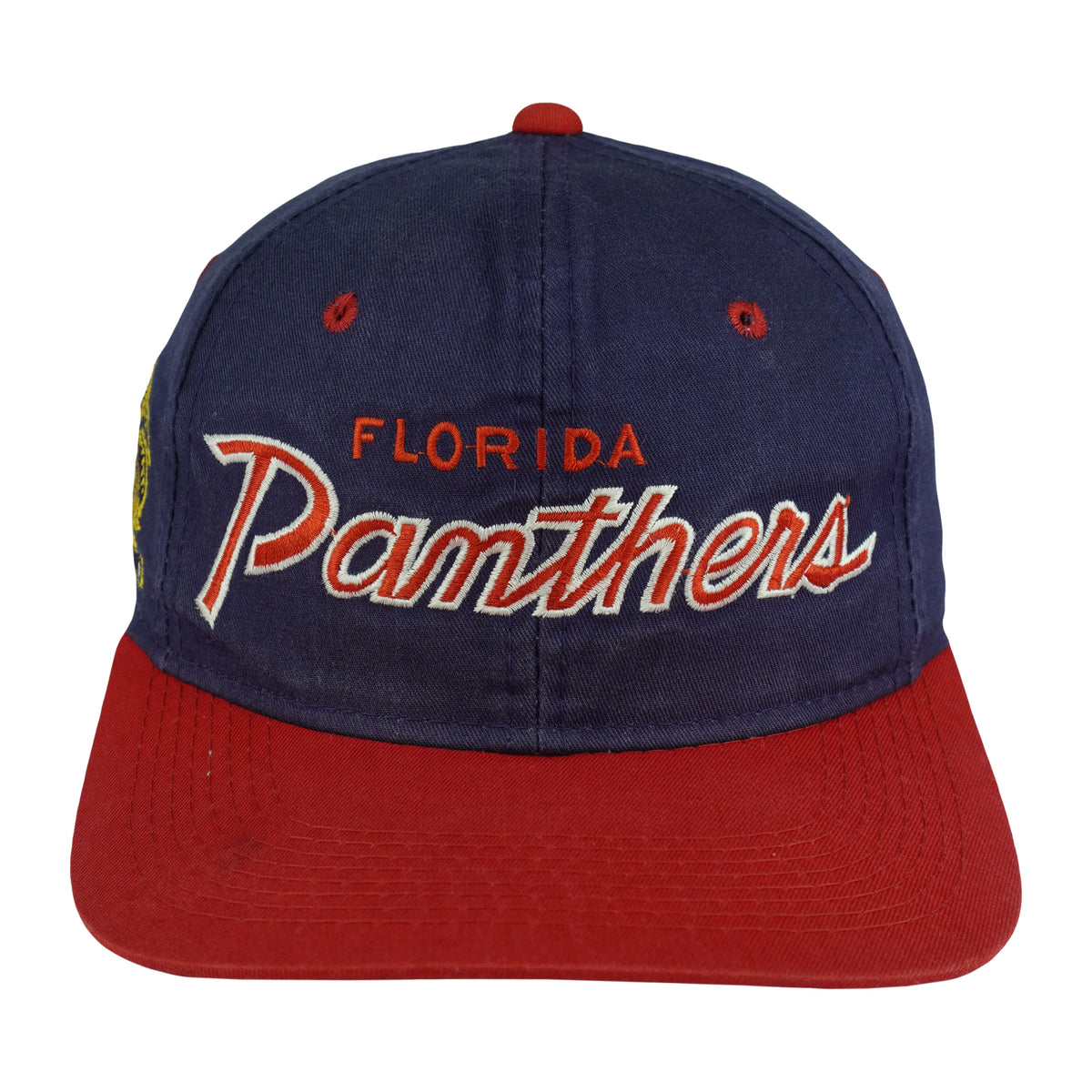 Front view of the blue, red, and green 1990s NHL Florida Panthers Sports Specialties snapback cap