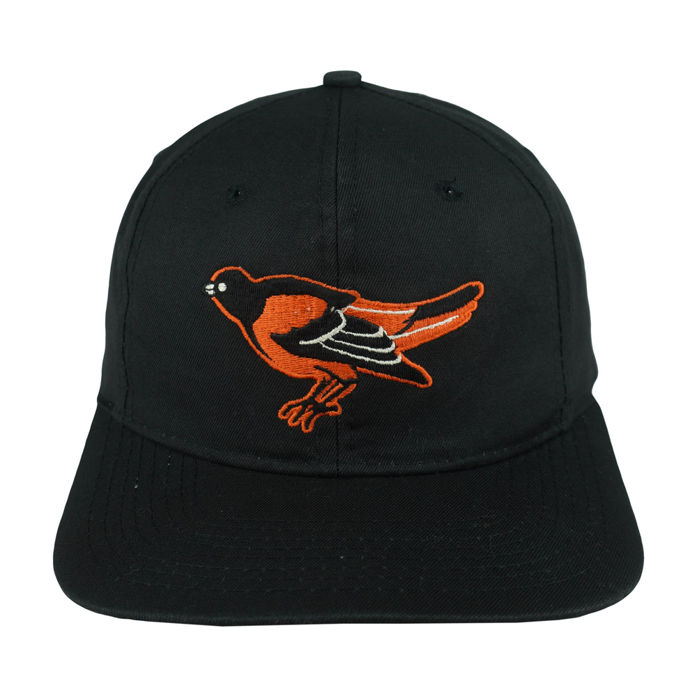 Black Baltimore Orioles snapback front with an embroidered orange bird logo