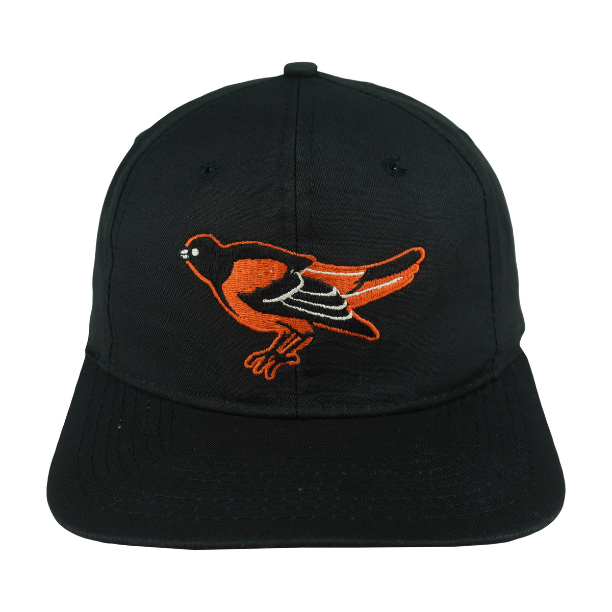 Black Baltimore Orioles snapback front with an embroidered orange bird logo