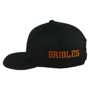Left side of the black Baltimore Orioles cap with orange ORIOLES embroidery