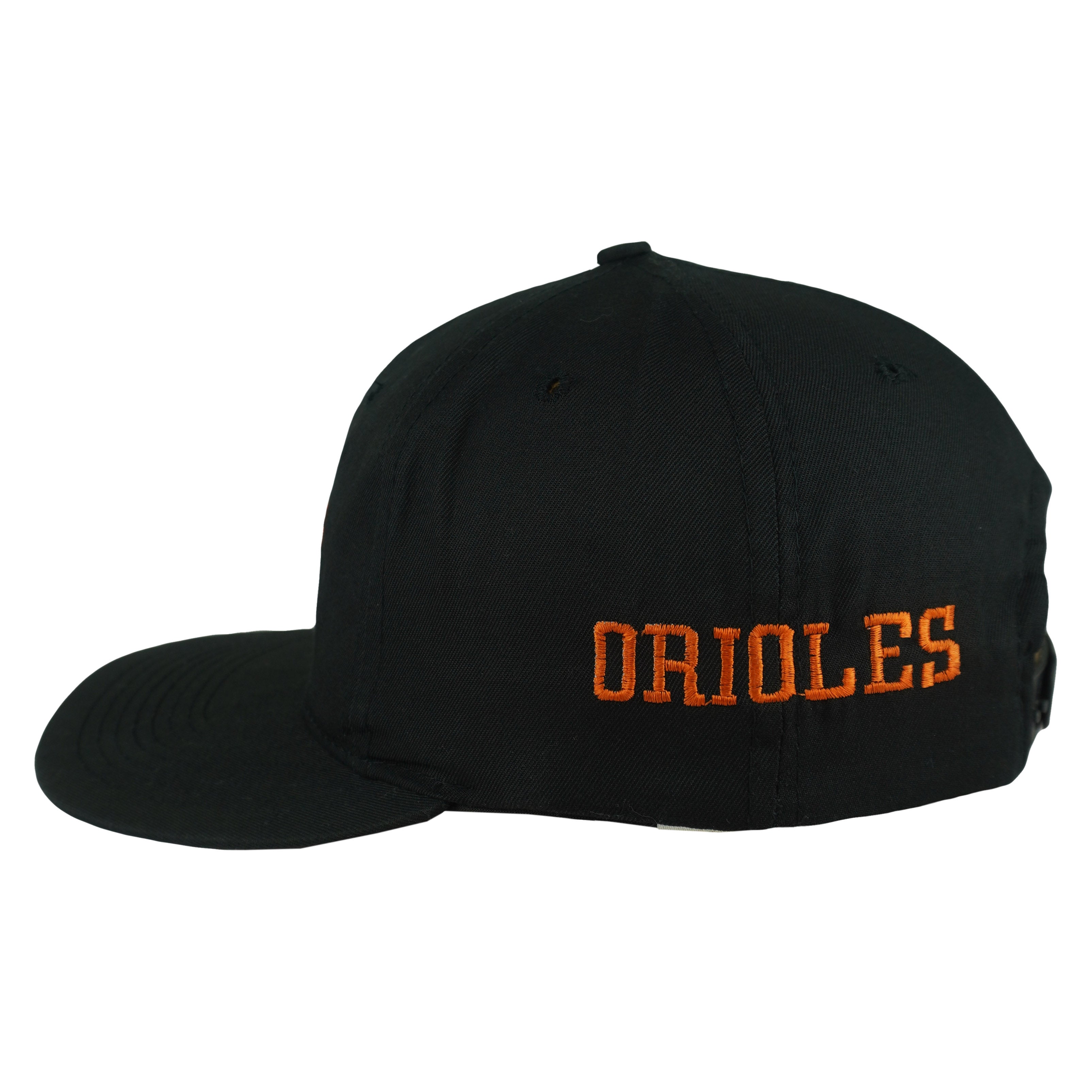 Left side of the black Baltimore Orioles cap with orange ORIOLES embroidery