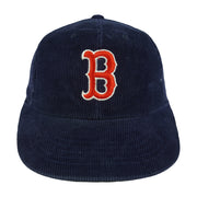 Navy corduroy Boston Red Sox snapback front with an embroidered red B logo
