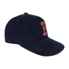 Angled navy corduroy Red Sox cap showing its embroidered red-and-white B logo